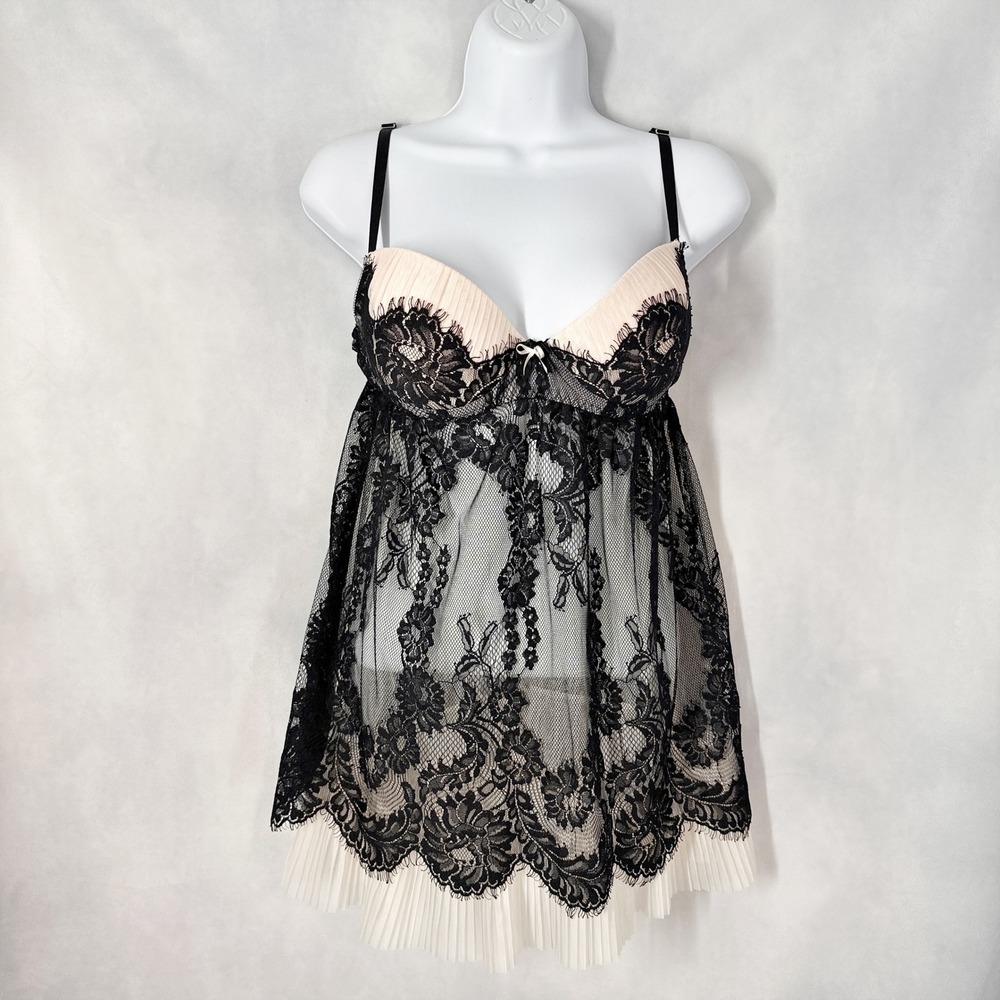 Seductive by Cinema Etoile Cream Black Lace Babydoll Dress Cheise Size Medium